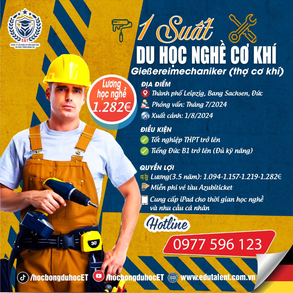 ĐƠN MỚI 1 SUẤT DU HỌC NGHỀ CƠ KHÍ TẠI CHLB ĐỨC - Gießereimechaniker (thợ cơ khí)