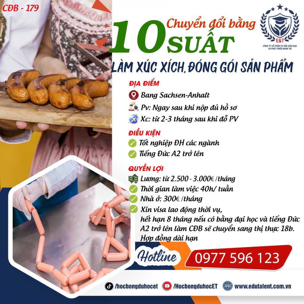 1O CƠ HỘI VIỆC LÀM TẠI ĐỨC 8 THÁNG VÀ DÀI HẠN LÀM XÚC XÍCH