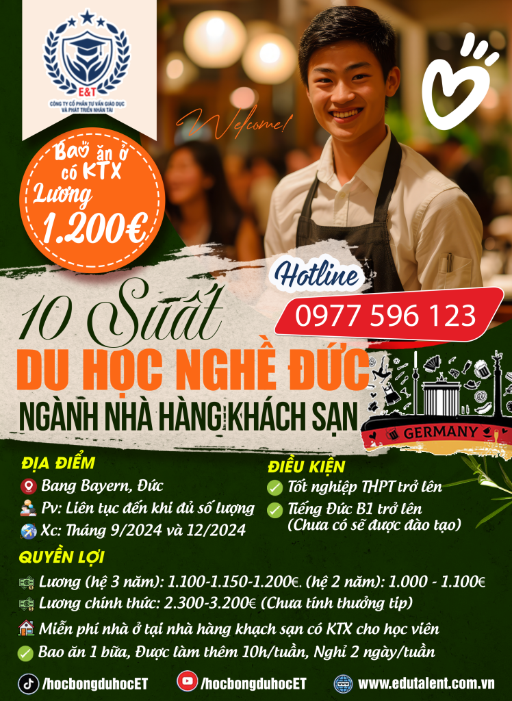 NEW 10 SUẤT DU HỌC NGHỀ NHÀ HÀNG KHÁCH SẠN TẠI CHLB ĐỨC