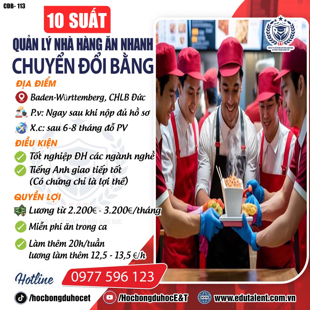 Baden-Württemberg 10 SUẤT CHUYỂN ĐỔI BẰNG QUẢN LÝ NHÀ HÀNG ĂN NHANH BURGERKING