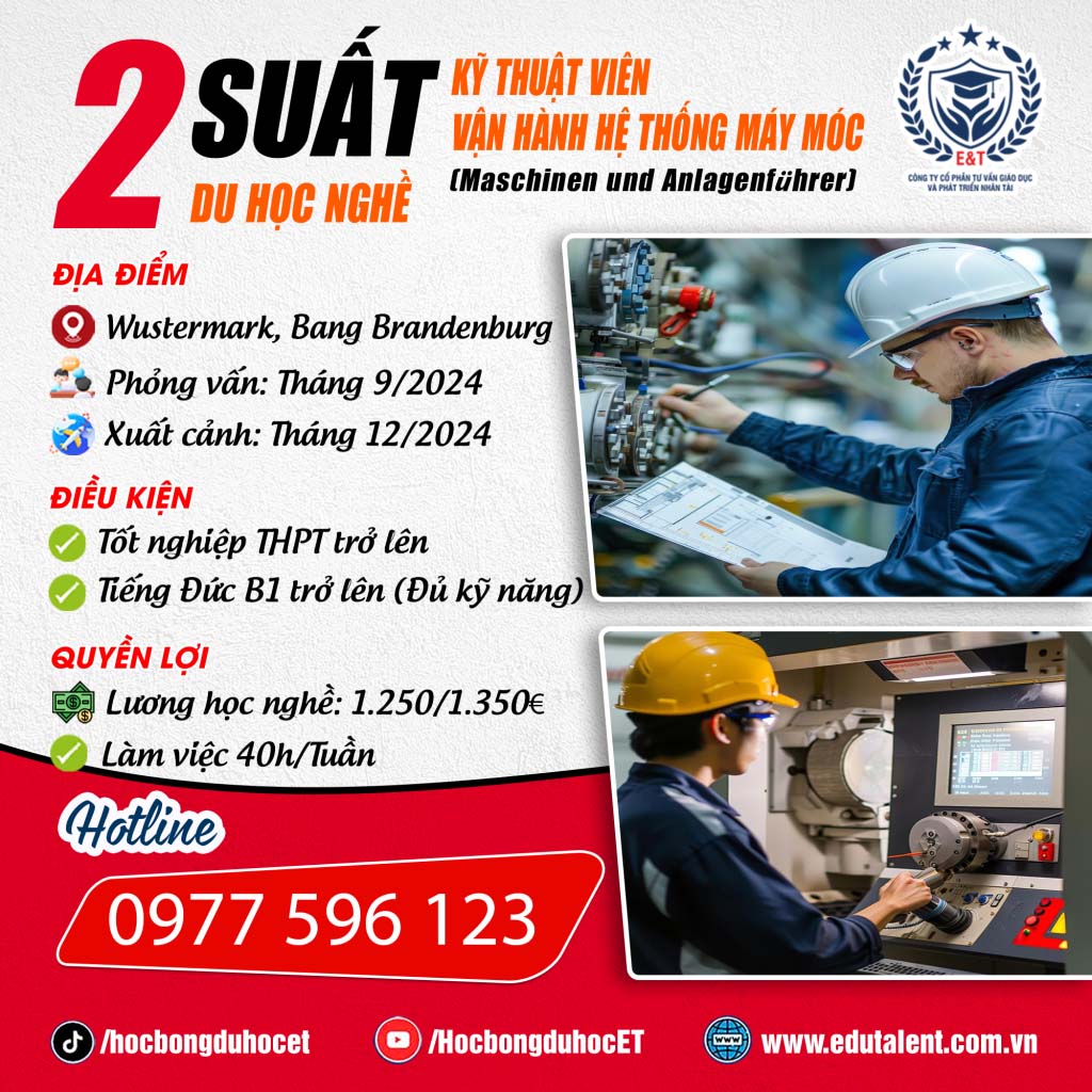 NEW 2 SUẤT DU HỌC NGHỀ KỸ THUẬT VIÊN VẬN HÀNH HỆ THỐNG MÁY MÓC TẠI CHLB ĐỨC