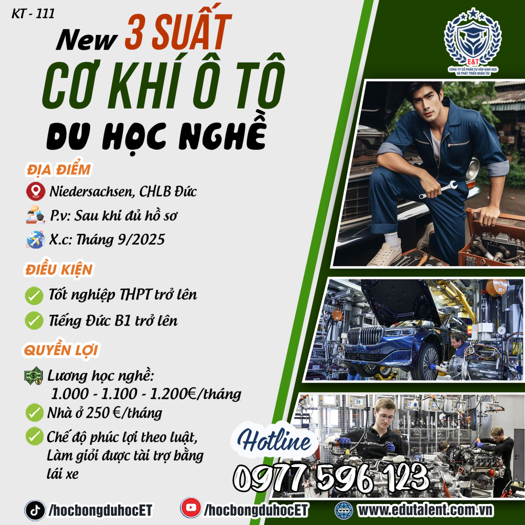 Niedersachsen, 3 SUẤT DU HỌC NGHỀ CƠ KHÍ Ô TÔ