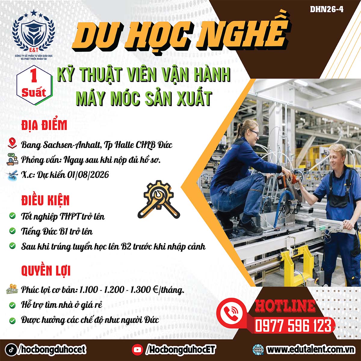 KỸ THUẬT VIÊN VẬN HÀNH MÁY MÓC – MIỄN PHÍ 2 NĂM NHÀ Ở!
