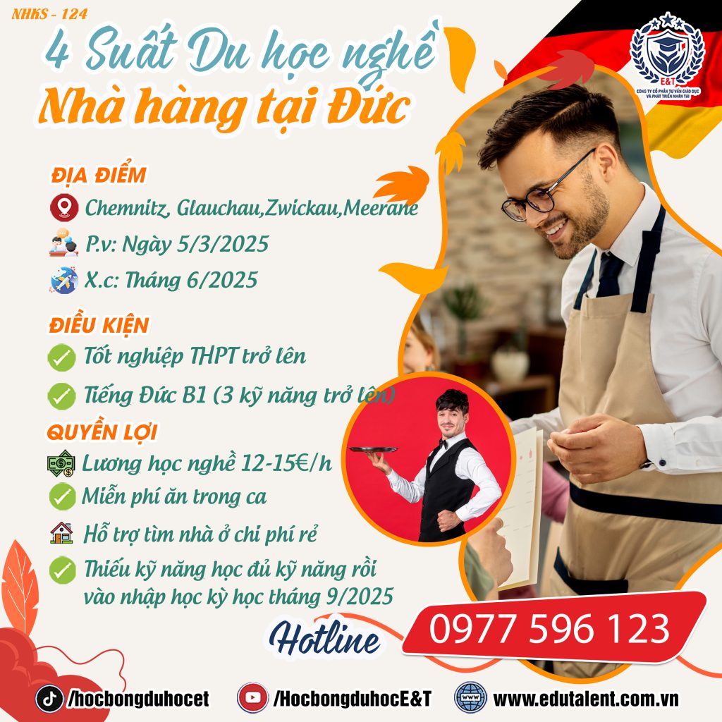 Chemnitz, Glauchau,Zwickau,Meerane CHLB Đức , 4 SUẤT DU HỌC NGHỀ NHÀ HÀNG thiếu kỹ năng