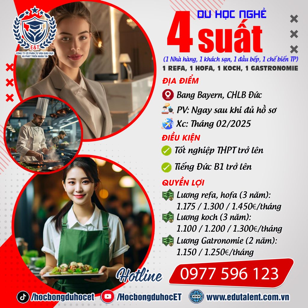 4 SUẤT DU HỌC NGHỀ NHÀ HÀNG, KHÁCH SẠN, ĐẦU BẾP