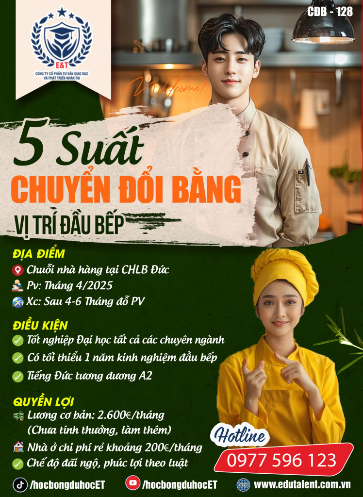 5 SUẤT CHUYỂN ĐỔI BẰNG ĐẦU BẾP TRONG NHÀ HÀNG SANG ĐỨC LÀM VIỆC NGAY