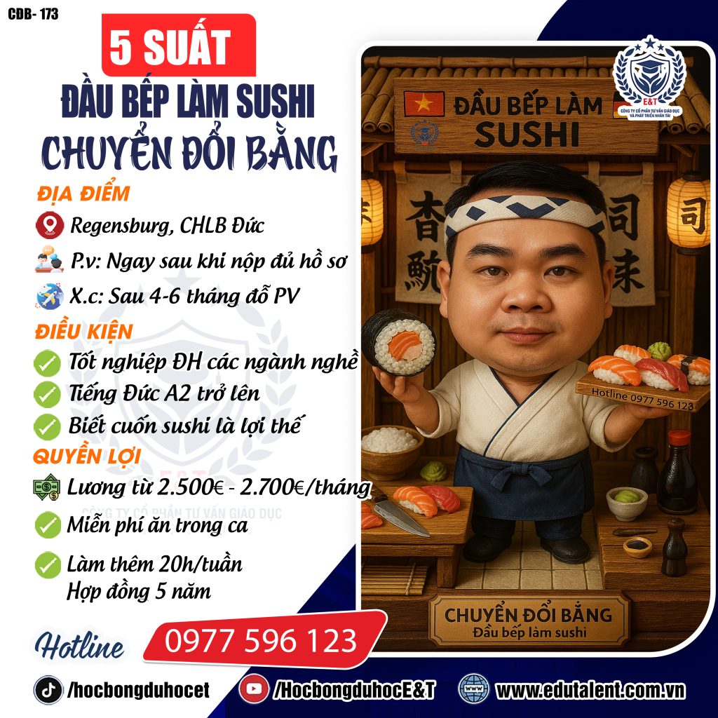 Regensburg: Chuyển nghề đầu bếp sushi – Lương cao, cơ hội rõ ràng!