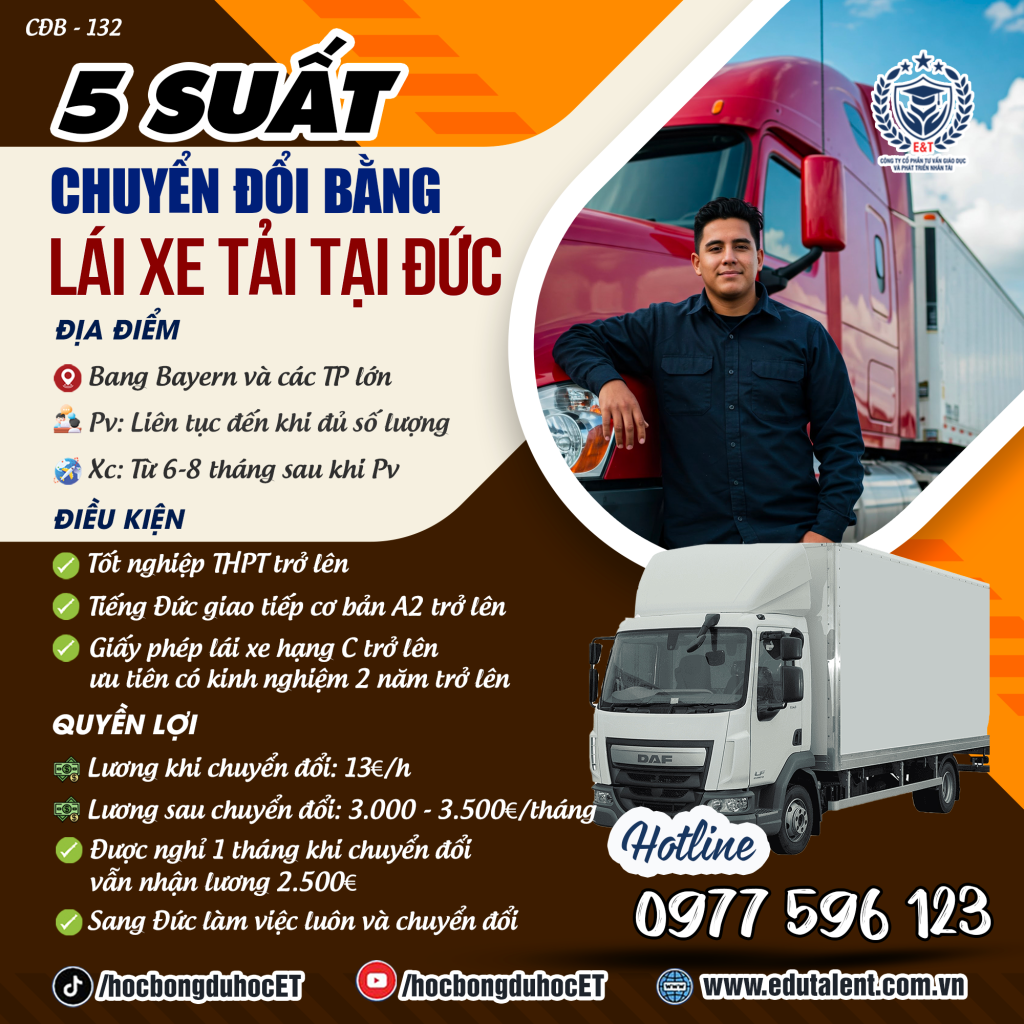 BAYERN VÀ CÁC THÀNH PHỐ LỚN 5 SUẤT CHUYỂN ĐỔI BẰNG LÁI XE TẢI TẠI CHLB ĐỨC