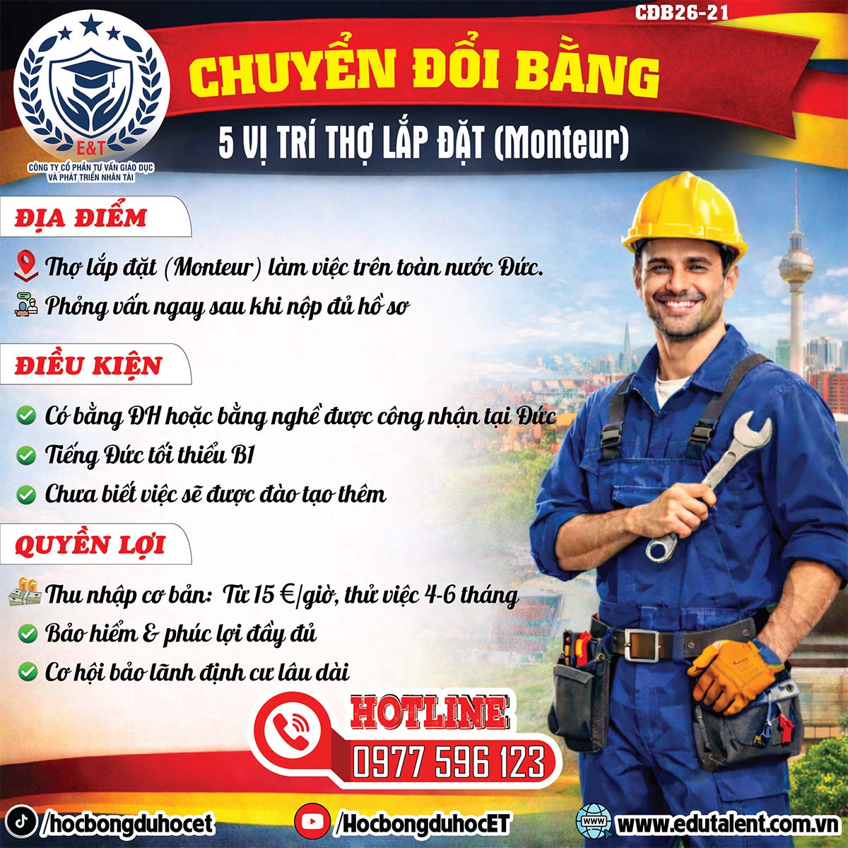 CHUYỂN ĐỔI BẰNG THỢ LẮP ĐẶT (MONTEUR) TẠI ĐỨC – TUYỂN 5 VỊ TRÍ LÀM VIỆC TOÀN NƯỚC ĐỨC 🇩🇪
