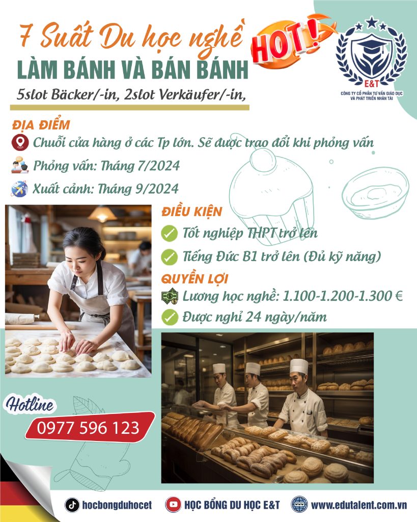 SIÊU HOT 7 SUẤT DU HỌC NGHỀ LÀM BÁNH VÀ BÁN BÁNH TẠI CHLB ĐỨC ( 5 slot Bäcker/-in/ 2 slot Verkäufer/-in/)