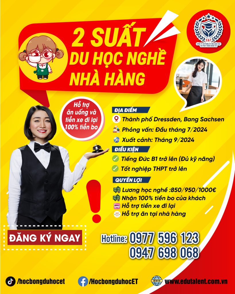 VIP 2 SUẤT DU HỌC NGHỀ NHÀ HÀNG TẠI CHLB ĐỨC P.V LUÔN ĐẦU THÁNG 7 (REFA)