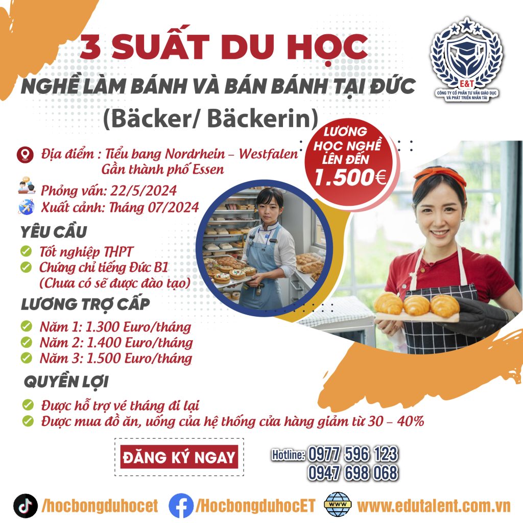 3 SUẤT DU HỌC NGHỀ LÀM BÁNH VÀ BÁN BÁNH TẠI CHLB ĐỨC (Bäcker/ Bäckerin)