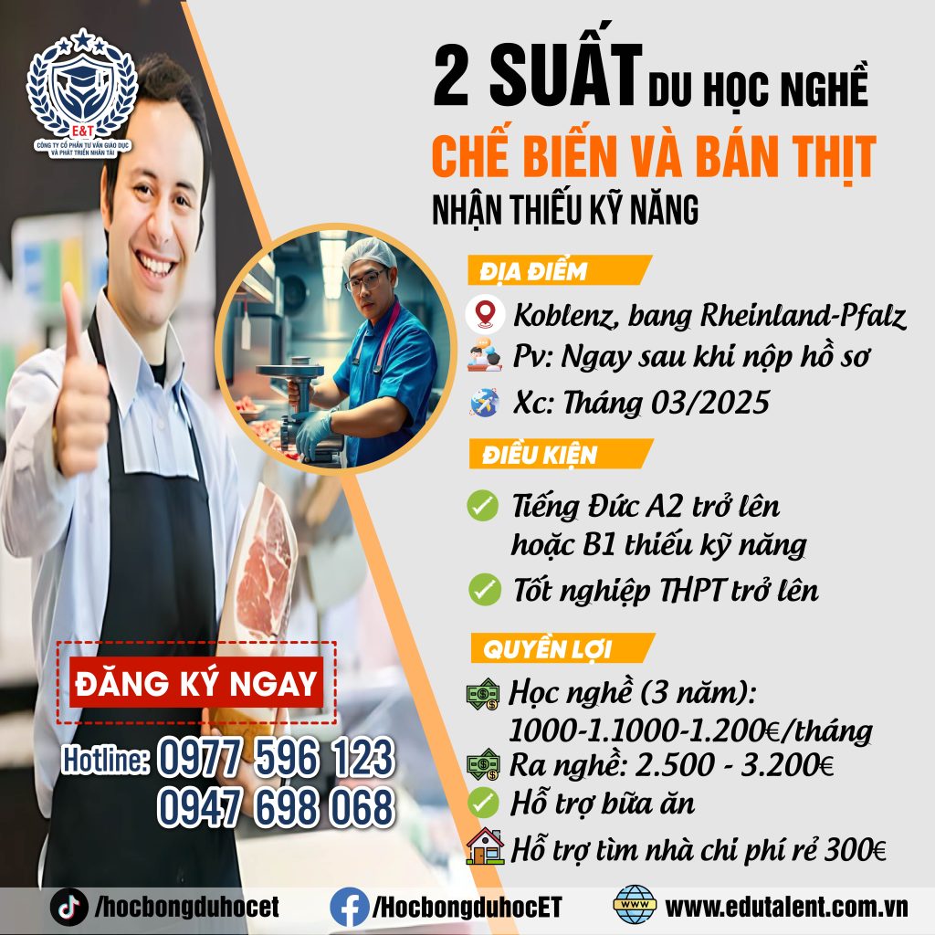 KOBLENZ, BANG RHEINLAND-PFALZ 2 SUẤT DU HỌC NGHỀ CHẾ BIẾN VÀ BÁN THỊT TẠI CỬA HÀNG (NHẬN THIẾU KỸ NĂNG)