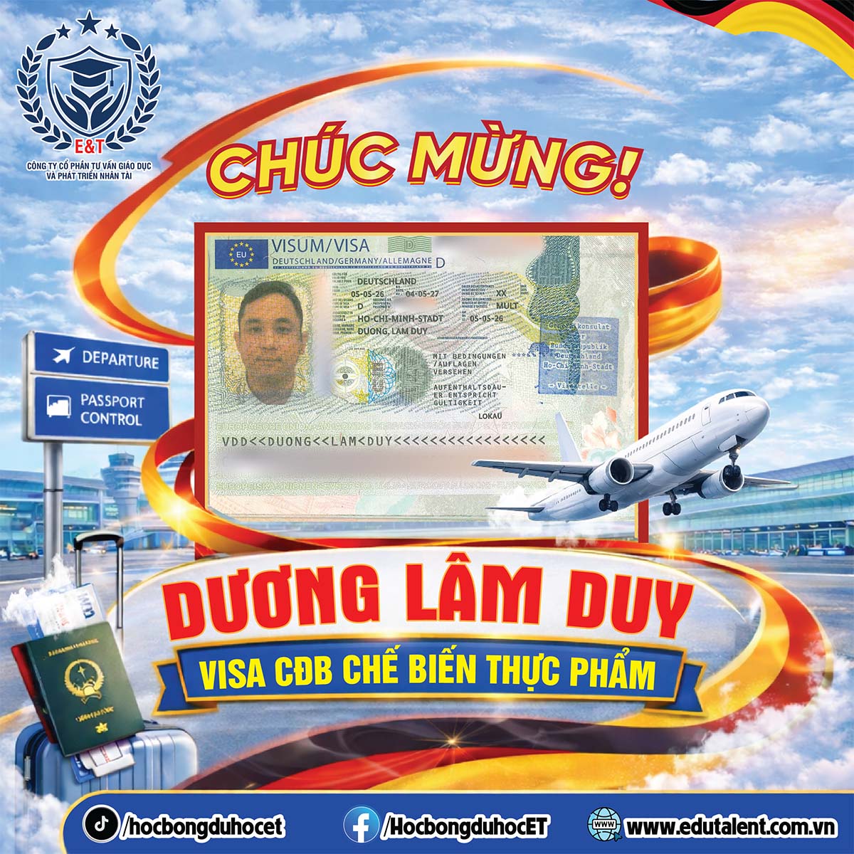 CHÚC MỪNG HỌC VIÊN DƯƠNG LÂM DUY XUẤT SẮC ĐẠT VISA CHƯƠNG TRÌNH CHUYỂN ĐỔI BẰNG CHẾ BIẾN THỰC PHẨM TẠI CHLB ĐỨC 🇩🇪