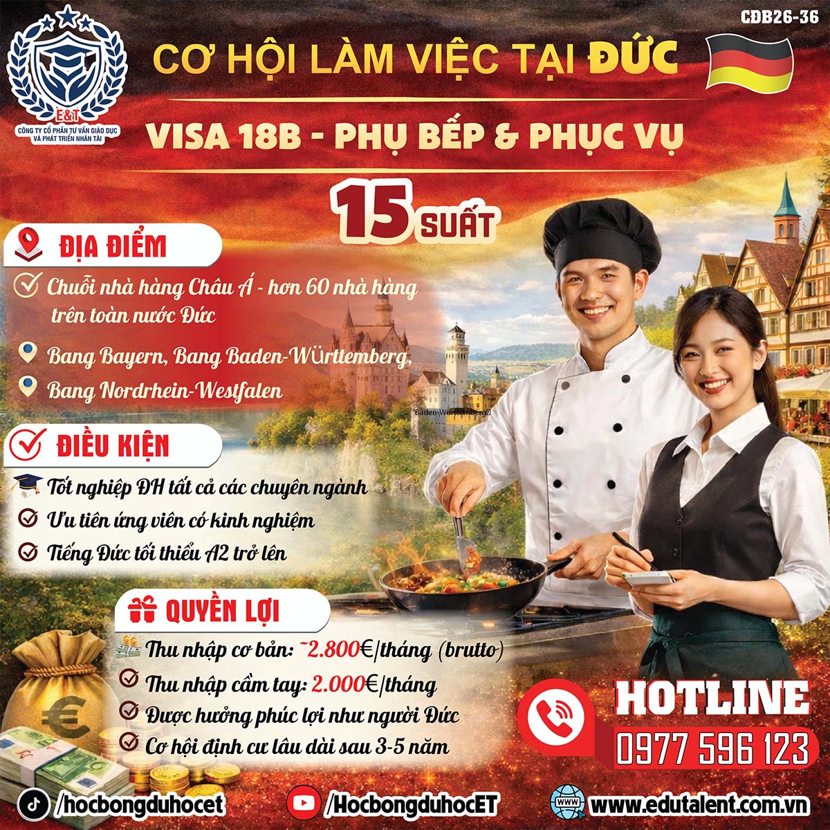 Cơ Hội Làm Việc Tại Đức – Visa 18B Ngành Phụ Bếp & Phục Vụ Lương Hấp Dẫn