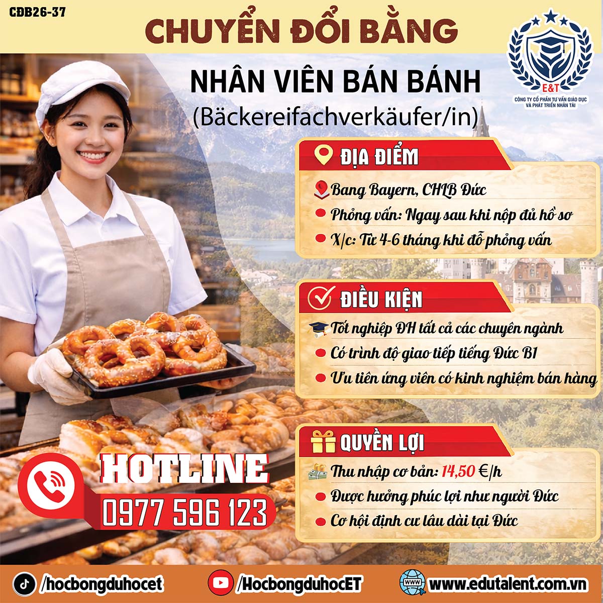 CHƯƠNG TRÌNH CHUYỂN ĐỔI BẰNG 07 CHỈ TIÊU - NHÂN VIÊN BÁN BÁNH (BÄCKEREIFACHVERKÄUFER/IN) TẠI BANG BAYERN