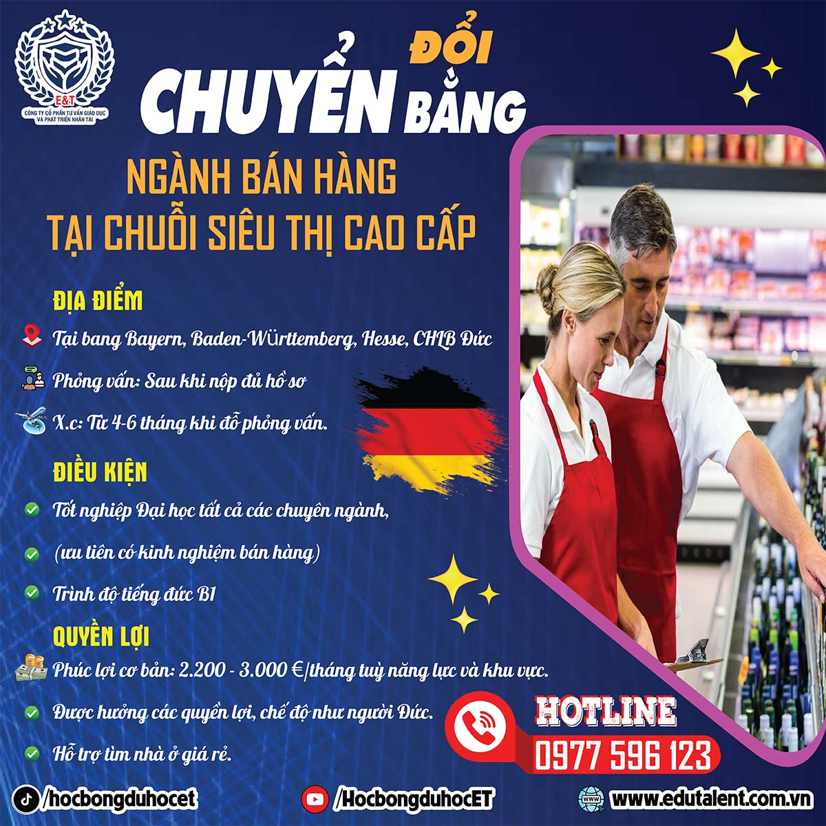 [TUYỂN DỤNG] CHƯƠNG TRÌNH CHUYỂN ĐỔI BẰNG NGÀNH BÁN HÀNG TẠI ĐỨC – THU NHẬP ĐẾN 3.000 EURO/THÁNG