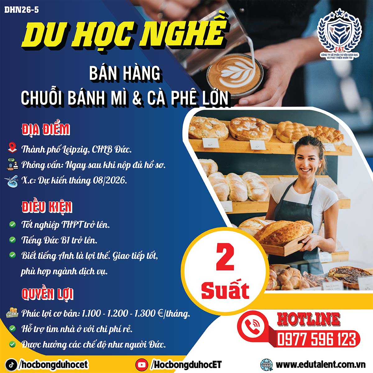 TUYỂN 2 NỮ DU HỌC NGHỀ ĐỨC NGÀNH BÁN HÀNG (CHUỖI BÁNH MÌ & CAFE) 