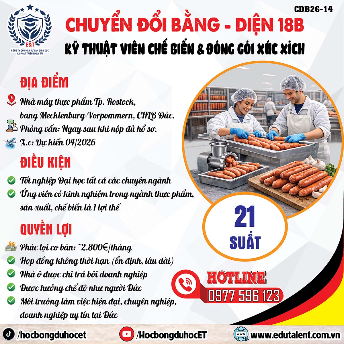 TUYỂN LAO ĐỘNG TẠI ĐỨC DIỆN 18B – KỸ THUẬT VIÊN CHẾ BIẾN & ĐÓNG GÓI XÚC XÍCH