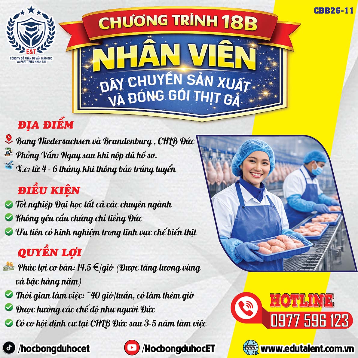 TUYỂN DỤNG CHƯƠNG TRÌNH 18B ĐỨC – NHÂN VIÊN DÂY CHUYỀN SẢN XUẤT & ĐÓNG GÓI THỊT GÀ