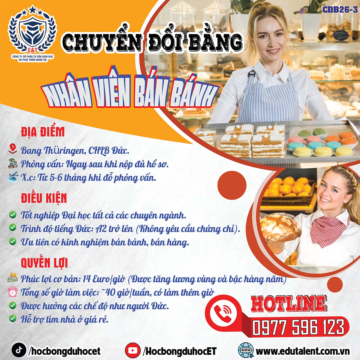 🔔 THÔNG BÁO TUYỂN DỤNG CHƯƠNG TRÌNH 18B – NHÂN VIÊN BÁN BÁNH TẠI CHLB ĐỨC 🔔