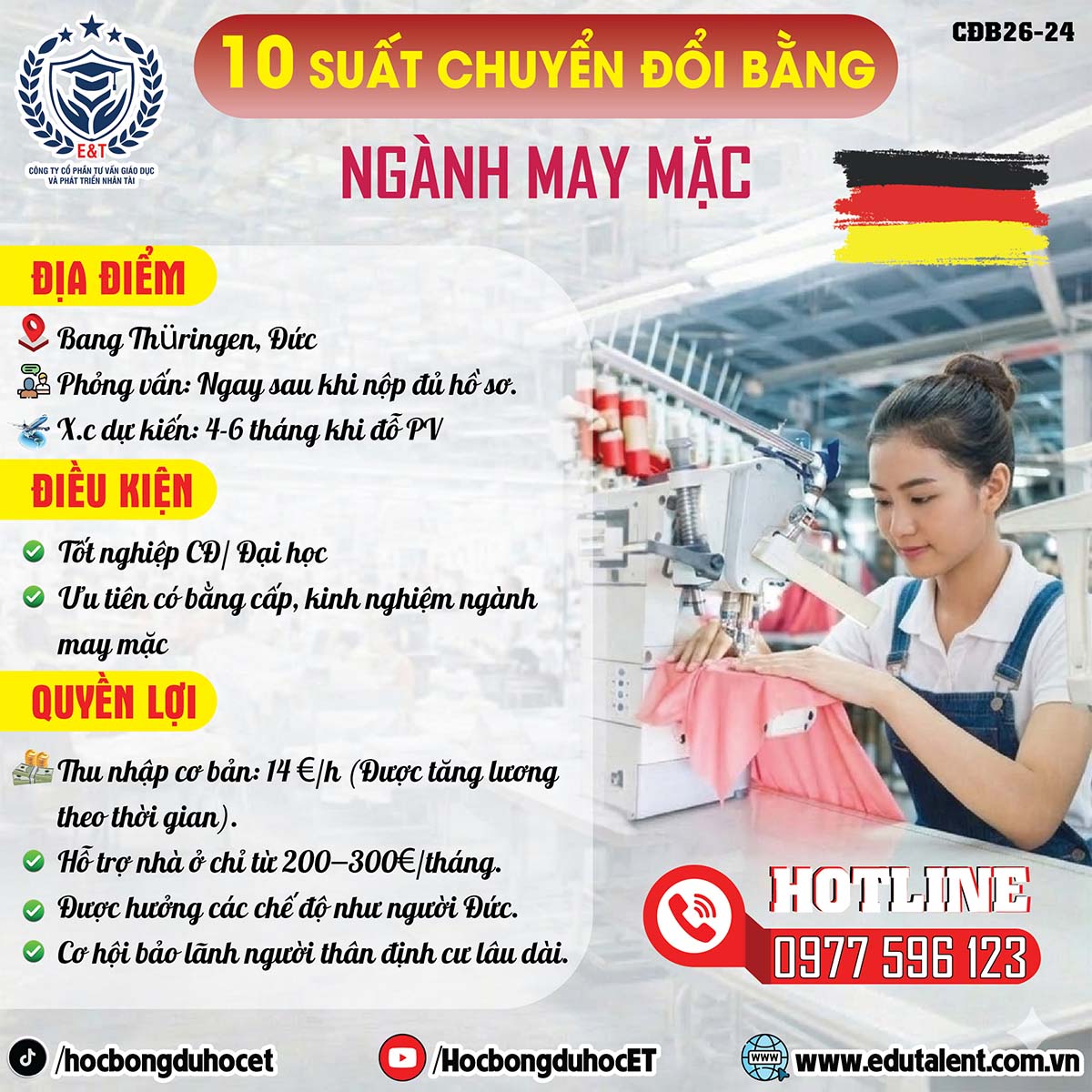 TUYỂN 10 CHỈ TIÊU CHUYỂN ĐỔI BẰNG NGÀNH MAY MẶC TẠI ĐỨC - ĐỊNH CƯ BỀN VỮNG