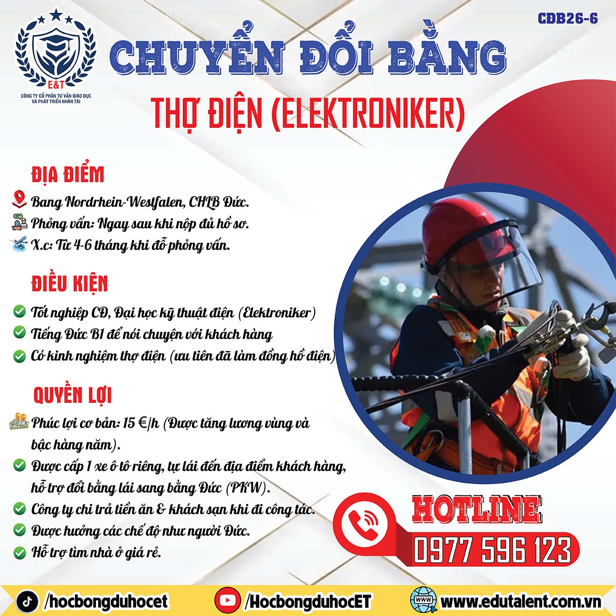 TUYỂN DỤNG THỢ ĐIỆN (ELEKTRONIKER) THEO DIỆN CHUYỂN ĐỔI BẰNG 18B – LÀM VIỆC TOÀN NƯỚC ĐỨC
