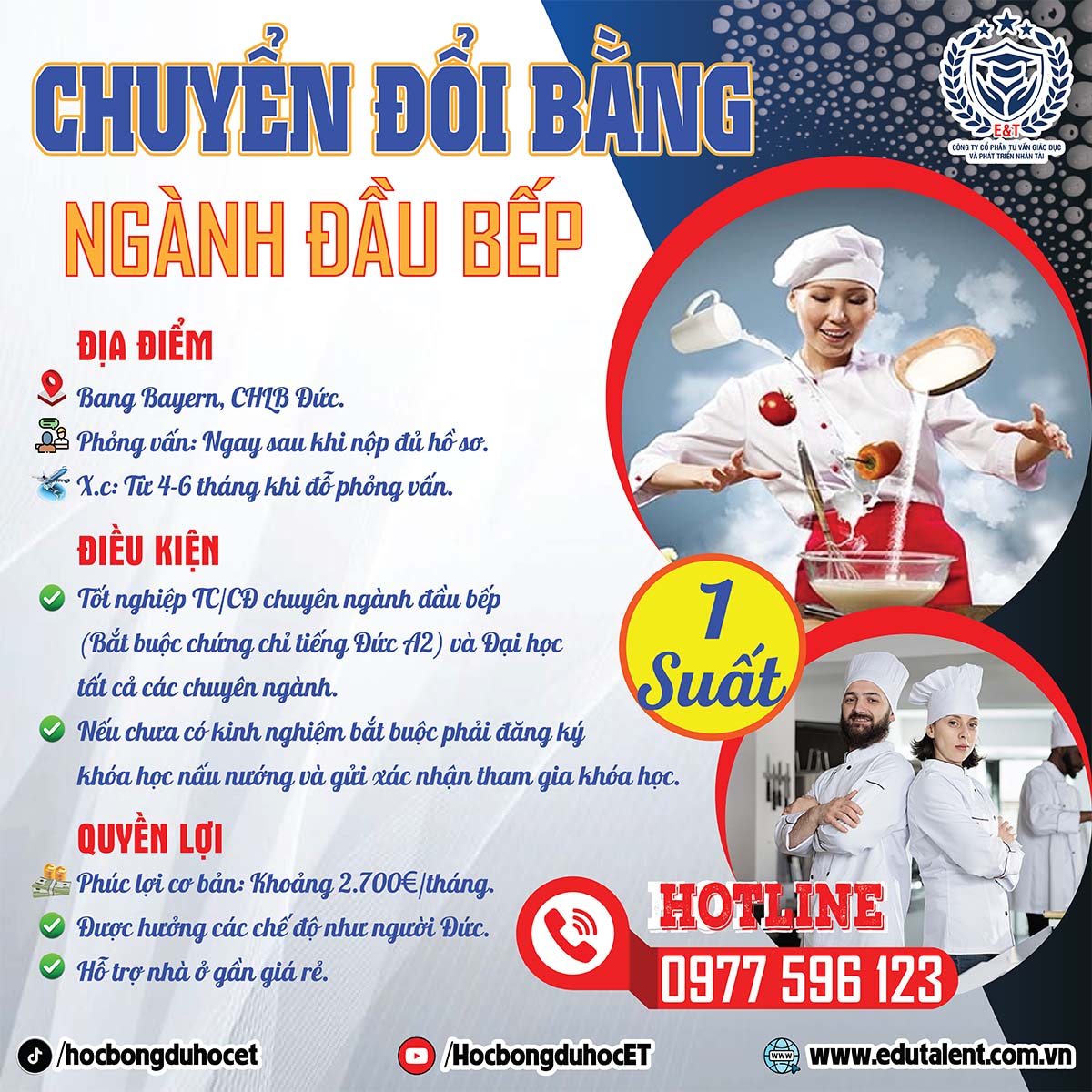 THÔNG BÁO TUYỂN SINH CHUYỂN ĐỔI BẰNG NGHỀ KOCH (ĐẦU BẾP): LÀM VIỆC TẠI ĐỨC – ĐÃI NGỘ HẤP DẪN