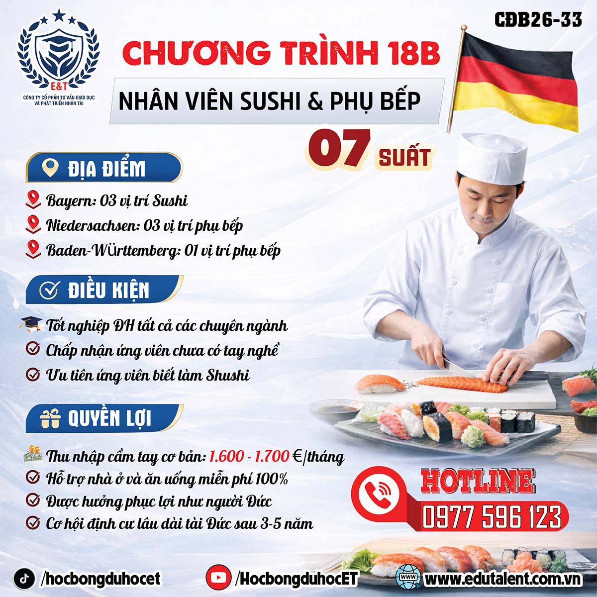 CHƯƠNG TRÌNH 18B – NHÂN VIÊN SUSHI / PHỤ BẾP TẠI ĐỨC