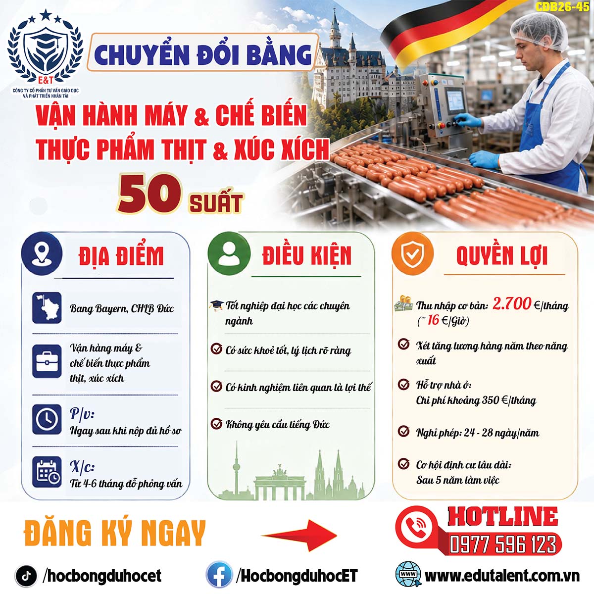 🇩🇪 CHƯƠNG TRÌNH CHUYỂN ĐỔI BẰNG – VẬN HÀNH MÁY & CHẾ BIẾN THỰC PHẨM THỊT, XÚC XÍCH TẠI CHLB ĐỨC