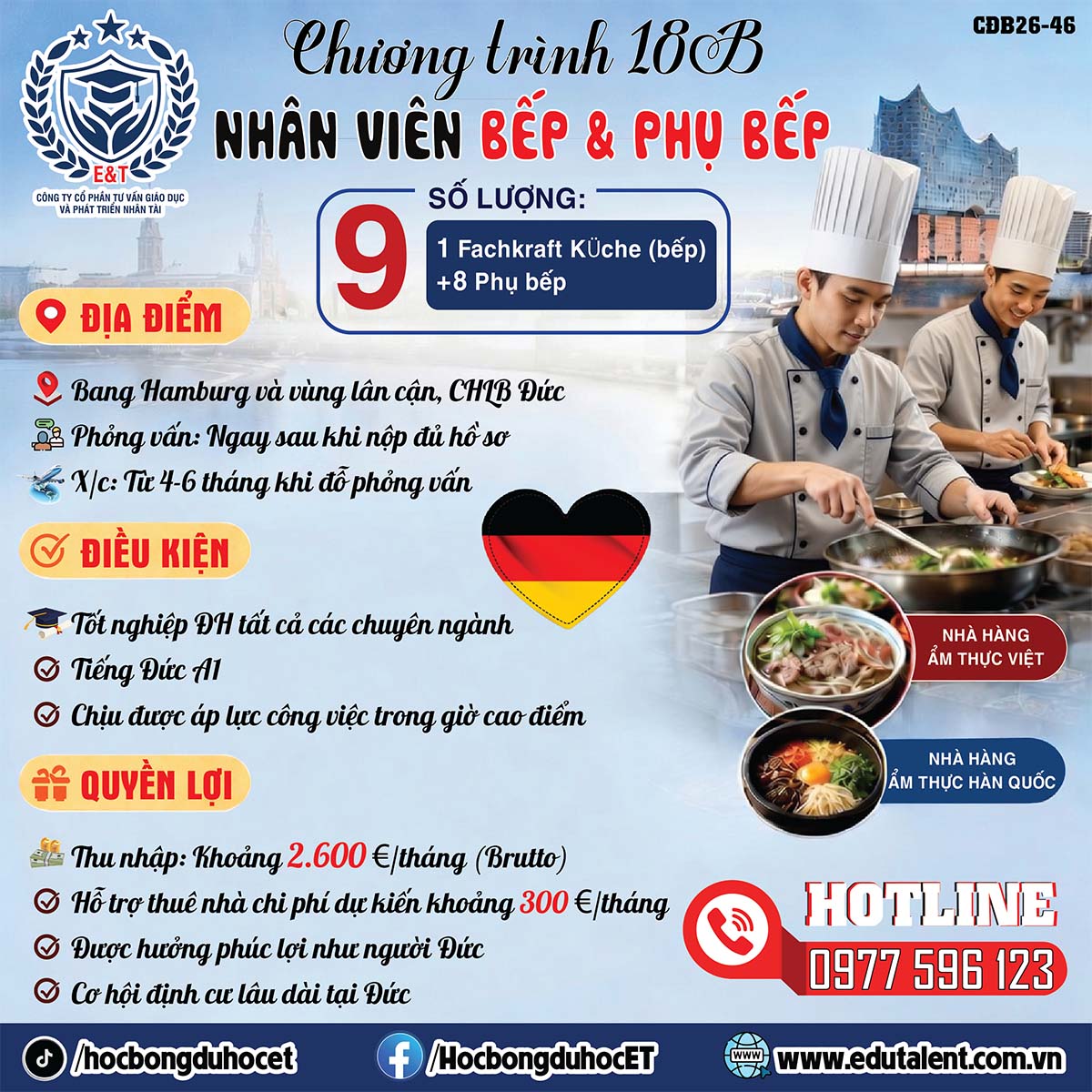 🍳 CHƯƠNG TRÌNH 18B NGÀNH BẾP & PHỤ BẾP TẠI HAMBURG – ĐỨC