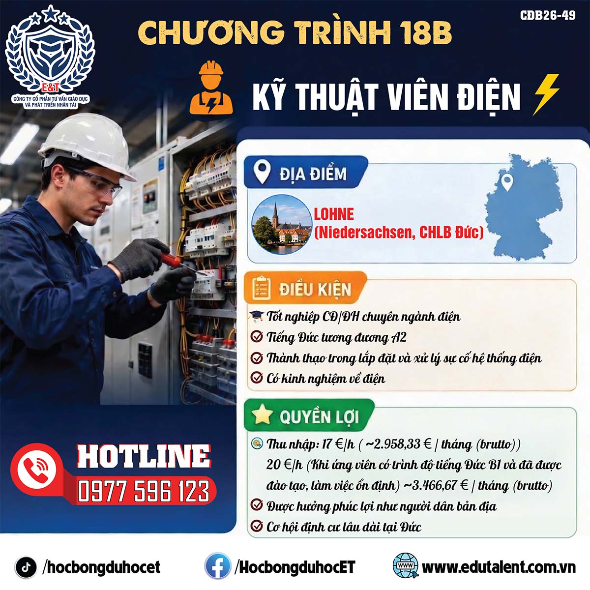 Tuyển Dụng Kỹ Thuật Viên Điện Đức Diện Visa 18B – Thu Nhập Hấp Dẫn Tại Lohne, Niedersachsen