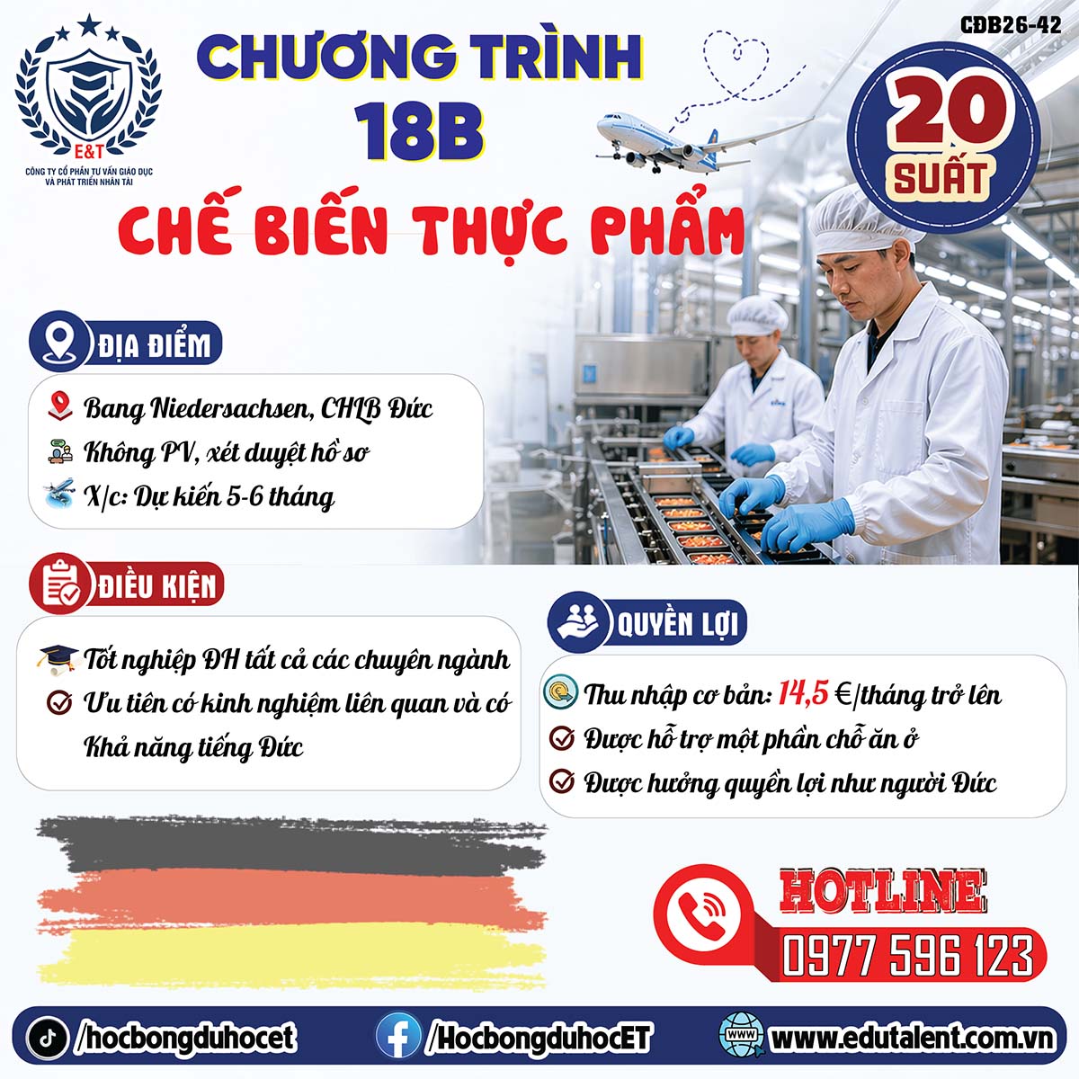 TUYỂN DỤNG NAM NHÂN VIÊN NHÀ MÁY CHẾ BIẾN THỰC PHẨM TẠI ĐỨC – CHƯƠNG TRÌNH 18B