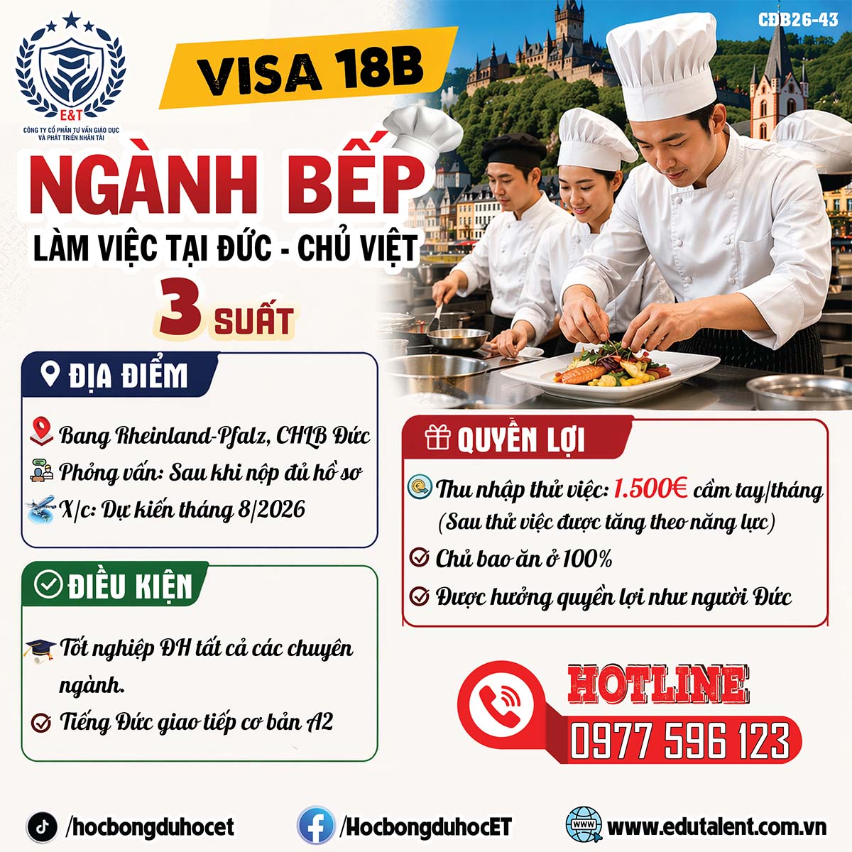 🔥 VISA 18B NGÀNH BẾP TẠI Rheinland-Pfalz – CHỦ VIỆT TUYỂN GẤP, BAY NGAY THÁNG 8