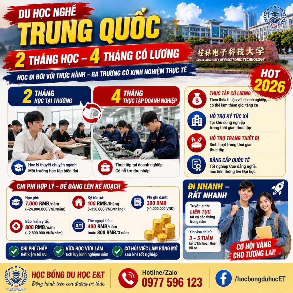 DU HỌC NGHỀ TRUNG QUỐC 2026 – LỘ TRÌNH 2 THÁNG HỌC, 4 THÁNG LÀM HƯỞNG LƯƠNG