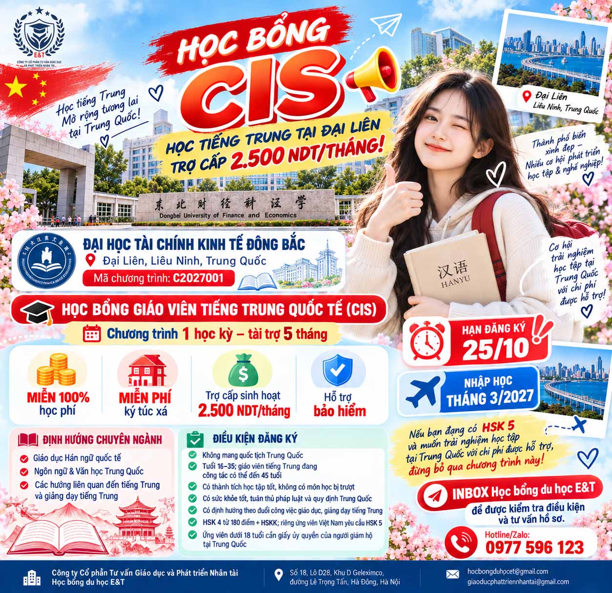 🇨🇳🔥 HỌC BỔNG CIS – HỌC TIẾNG TRUNG TẠI ĐẠI LIÊN, TRỢ CẤP 2.500 NDT/THÁNG!