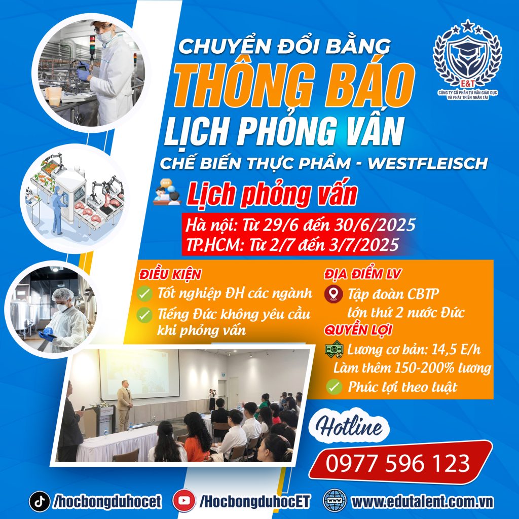 🇩🇪 LỊCH PHỎNG VẤN CHUYỂN ĐỔI BẰNG NGÀNH CHẾ BIẾN THỰC PHẨM – TẬP ĐOÀN WESTFLEISCH 🇩🇪