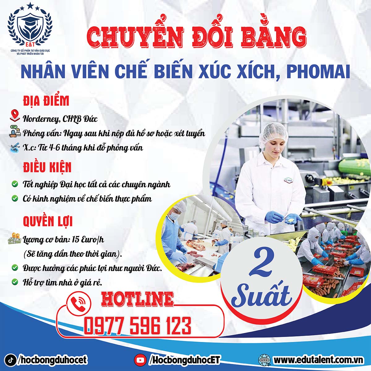🇩🇪 [TUYỂN GẤP] NHÂN VIÊN CHẾ BIẾN THỰC PHẨM TẠI ĐỨC (DIỆN CHUYỂN ĐỔI BẰNG)