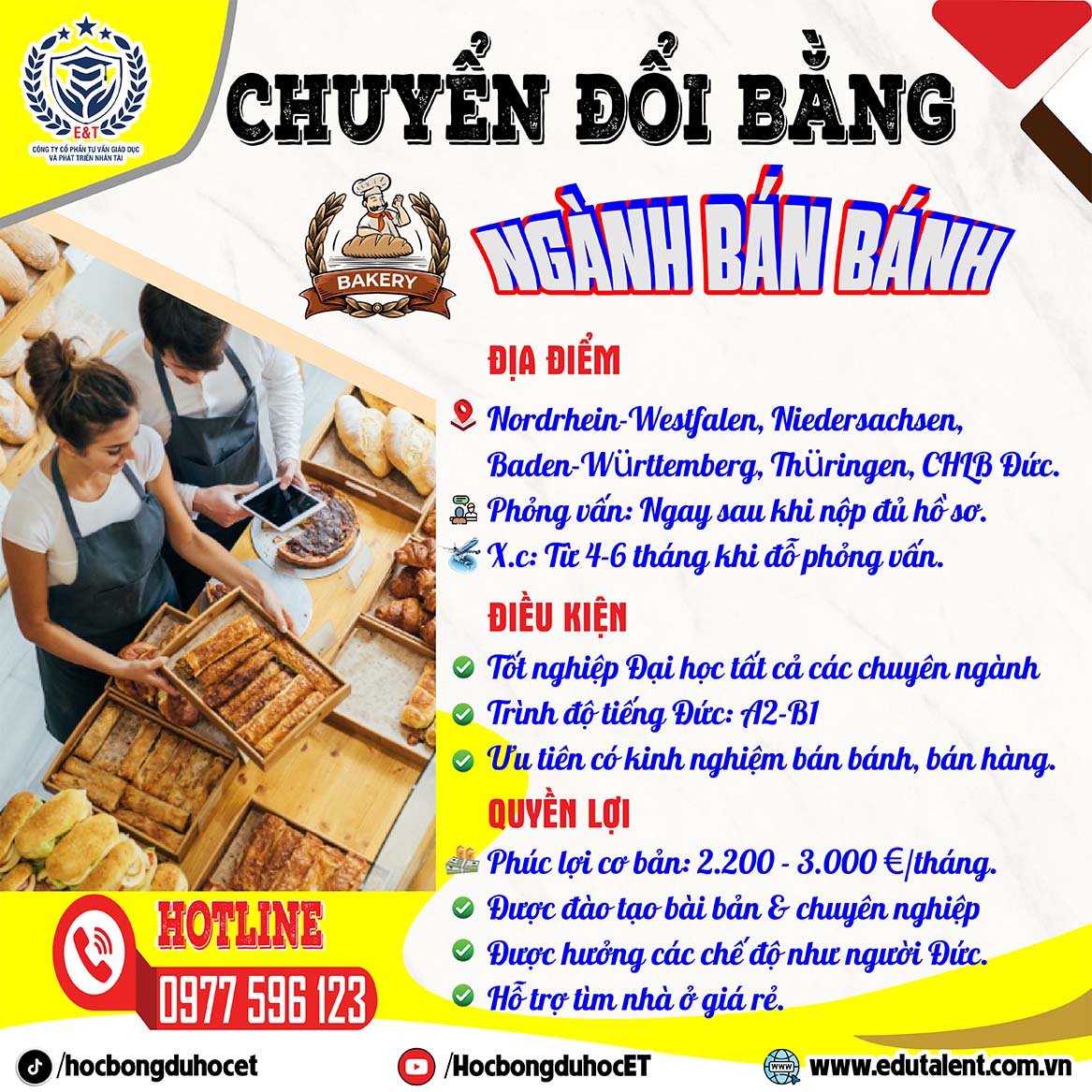 TUYỂN DỤNG CHUYỂN ĐỔI BẰNG NGÀNH BÁN BÁNH TẠI ĐỨC – THU NHẬP HẤP DẪN ĐẾN 3.000 EURO