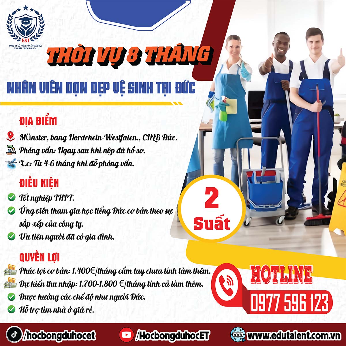 Tuyển Lao Động Thời Vụ 8 Tháng Tại Đức: Việc Làm Dọn Dẹp Vệ Sinh Lương Cao Tại Münster