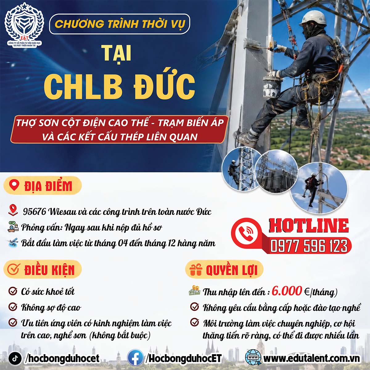 🇩🇪 CHƯƠNG TRÌNH THỜI VỤ TẠI CHLB ĐỨC – TUYỂN THỢ SƠN CỘT ĐIỆN CAO THẾ, TRẠM BIẾN ÁP VÀ KẾT CẤU THÉP