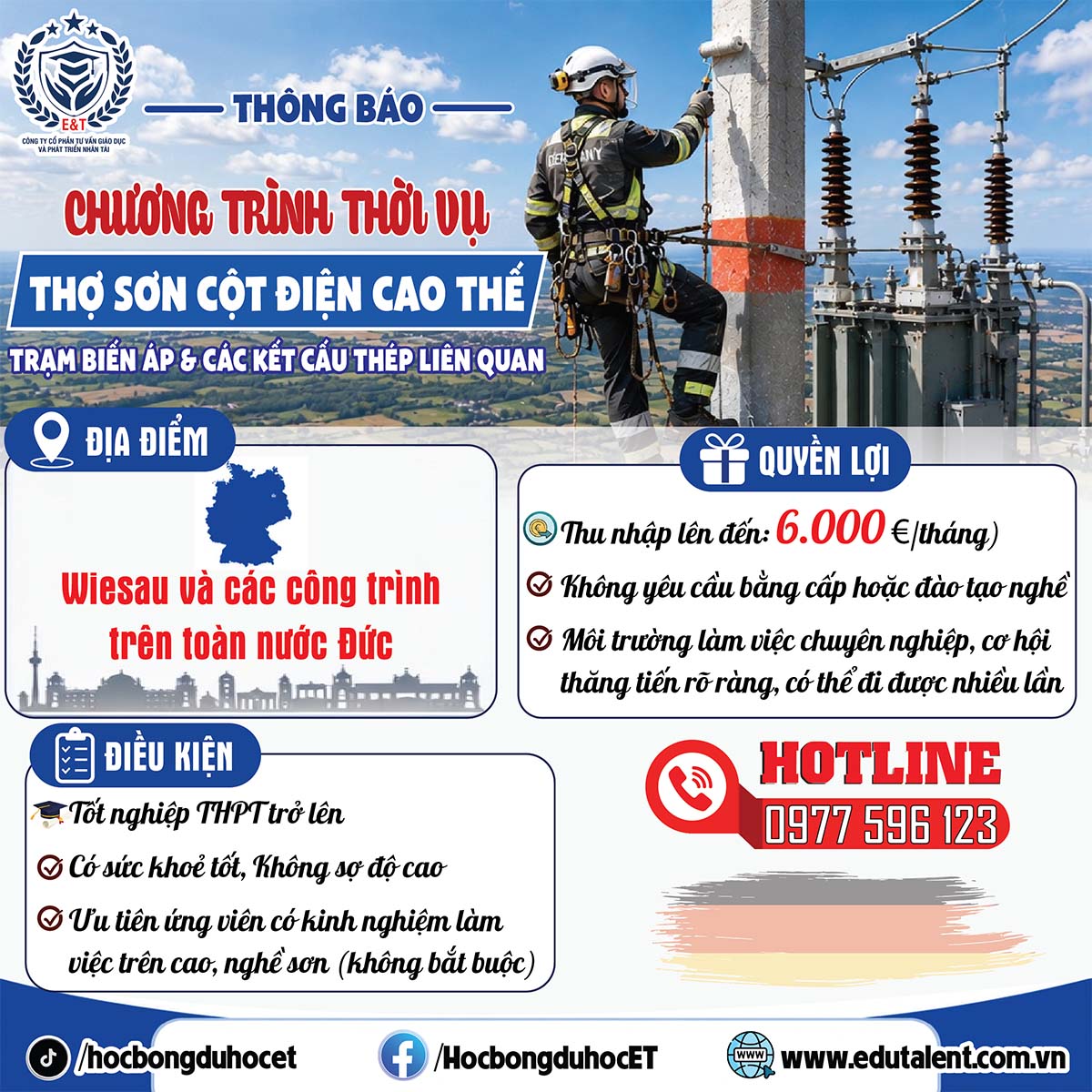🇩🇪 TUYỂN DỤNG THỢ SƠN CỘT ĐIỆN CAO THẾ TẠI CHLB ĐỨC – CHƯƠNG TRÌNH THỜI VỤ 8 THÁNG THU NHẬP HẤP DẪN