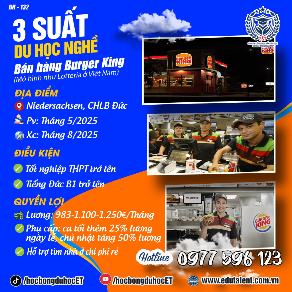 Niedersachsen, 3 SUẤT DU HỌC NGHỀ BÁN HÀNG ĐỒ ĂN NHANH BURGERKING ( CHUỖI ĂN NHANH GIỐNG LOTTERIA Ở VIỆT NAM)