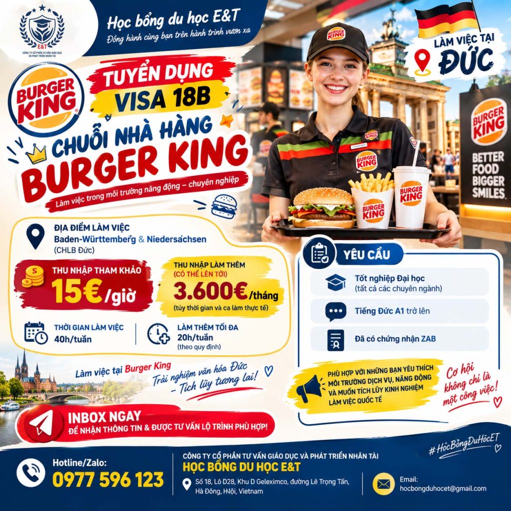 🍔 THÔNG TIN LÀM VIỆC TẠI ĐỨC – CHUỖI NHÀ HÀNG BURGER KING (DIỆN 18B)