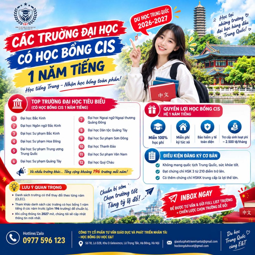 🚀 DANH SÁCH TRƯỜNG CÓ HỌC BỔNG CIS 1 NĂM TIẾNG – CƠ HỘI VÀNG 2026–2027!