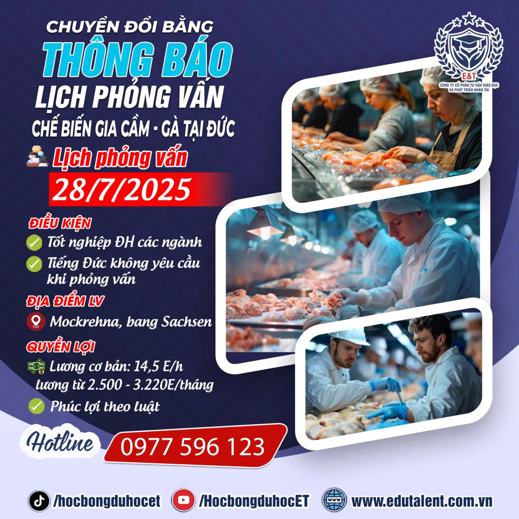 🇩🇪 LỊCH PHỎNG VẤN CHUYỂN ĐỔI BẰNG - TẬP ĐOÀN CHẾ BIẾN GIA CẦM LỚN TẠI ĐỨC 🇩🇪