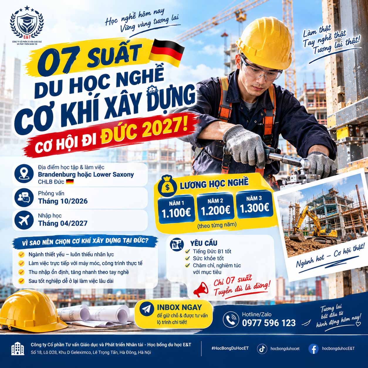 🔥 07 SUẤT DU HỌC NGHỀ CƠ KHÍ XÂY DỰNG – CƠ HỘI ĐI ĐỨC 2027! 🇩🇪🏗️