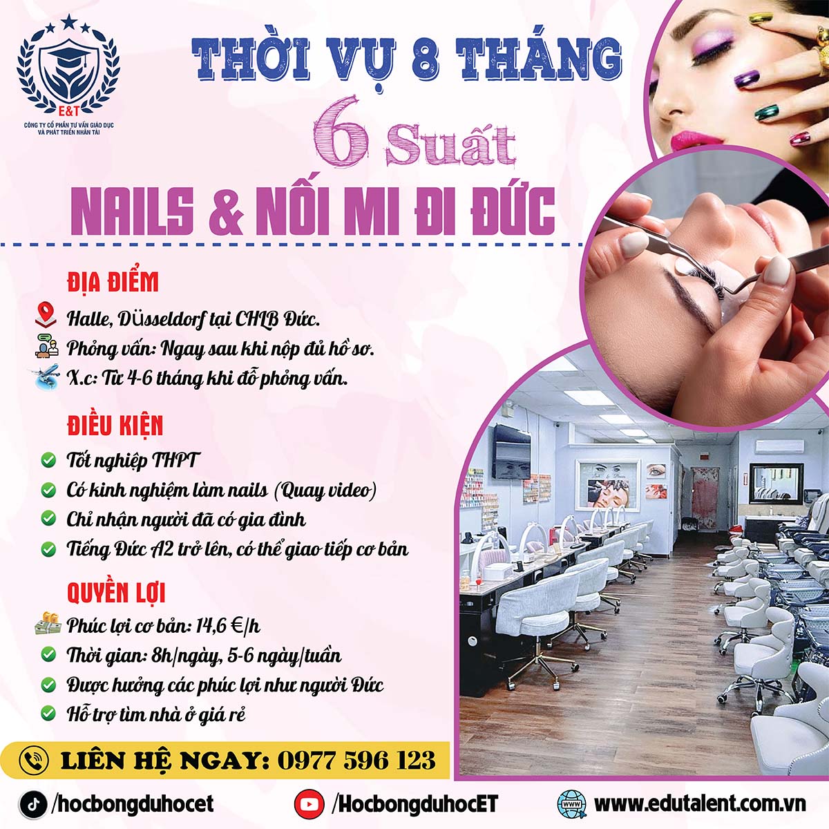Tuyển Dụng Gấp: 6 Suất Đi Đức Làm Nails & Nối Mi (Thời Vụ 8 Tháng)