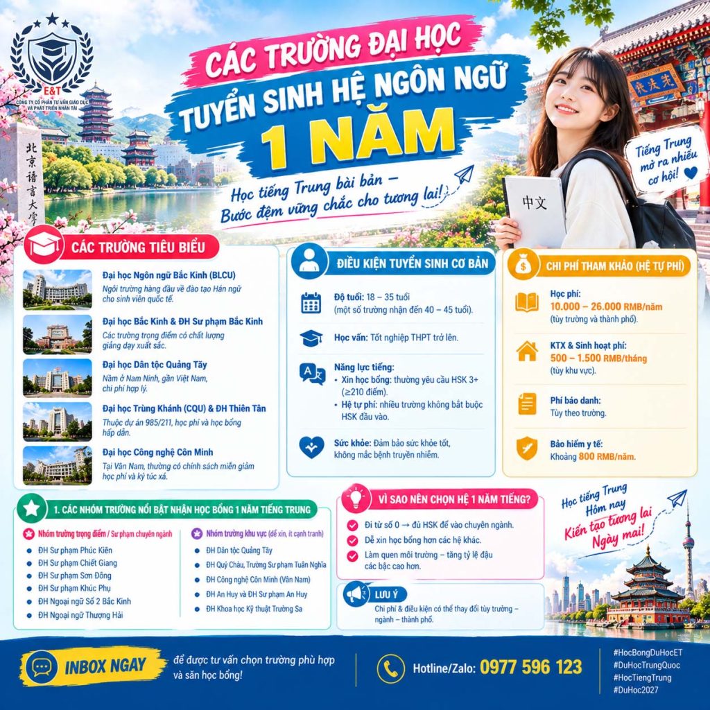 🔥 TOP TRƯỜNG TUYỂN SINH HỆ TIẾNG TRUNG 1 NĂM – DỄ ĐI, NHANH CÓ NỀN TẢNG