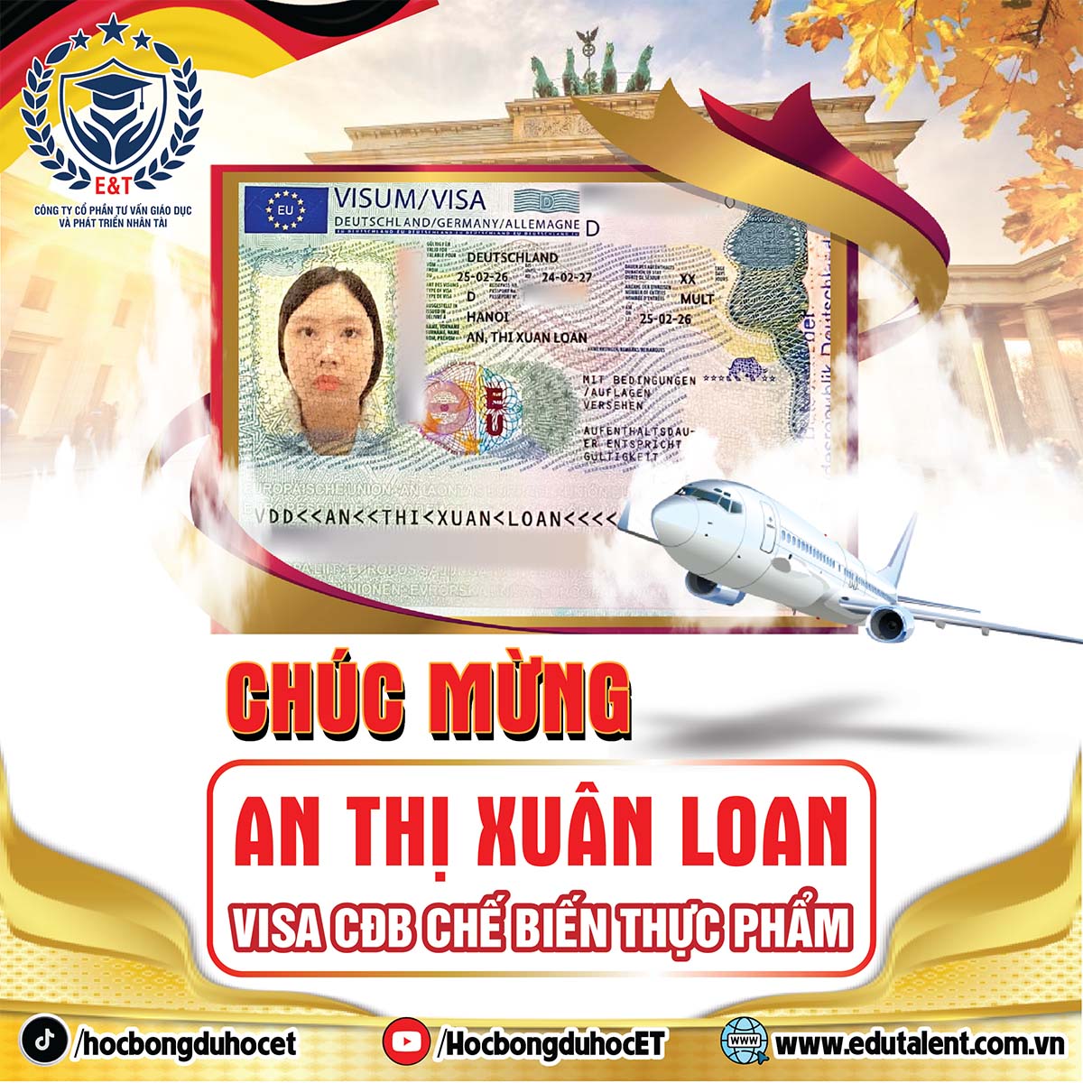 CHÚC MỪNG AN THỊ XUÂN LOAN NHẬN VISA ĐỨC DIỆN CHẾ BIẾN THỰC PHẨM